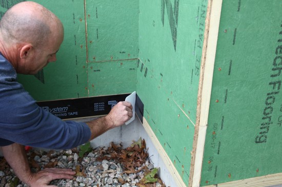 The edge of the spreader is great for getting the flashing tape tight into an inside corner. 