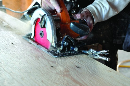 To make a narrow rip without marking a line, clamp locking pliers to the saw table to act as a rip guide.