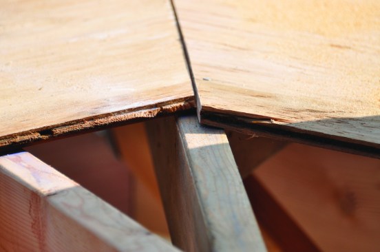 Tongue-and-groove edges can make it difficult  to make efficient use of angled cutoffs,  as when you’re working on roofs.  Alternating tongue up and tongue  down lets you use the same angled  cut on adjacent roof planes.