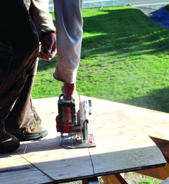 Often, a scrap can be used to finish a  course of sheathing, such as the angled  cut at a hip rafter. Instead of measuring  and marking the piece you need, just  tack the scrap to the framing, snap a  line, and cut it in place.