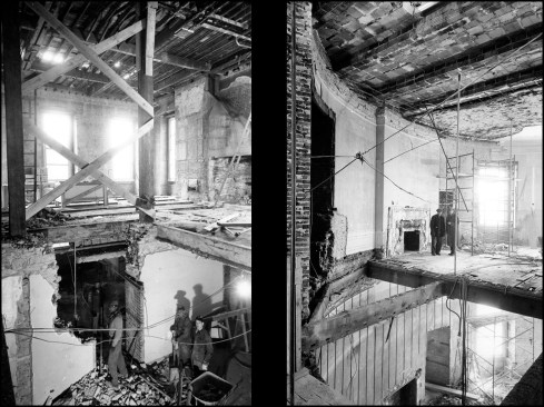 During the demolition phase of the project, construction debris was sent to nearby Fort Myer in Alexandria, Virginia to avoid profiteering off the scrap material. A government-run program was established to sell off the discarded material as souvenirs, albeit most of the rubble was secretly sent to a landfill. Here, existing wood columns were stabilized with temporary cross-bracing while second-floor floor framing is demolished (left). Two workmen stand in what remains of the second floor Oval Study (right) above the “troublesome” Blue Room (a chandelier in the Blue Room threatened to crash down on First Lady Bess Truman as she entertained guests in 1947).