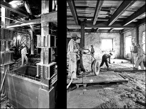 Within the remaining exterior shell, a steel frame was built above a new labyrinthine basement (which included a secretive fallout center). According to Michael Beschloss regarding whether to tear down and build a new Executive Mansion, “As one of the most voracious readers of history ever to serve as president, Truman recoiled from that prospect. He also felt that witnessing the old White House being torn to the ground would wound Americans’ psyches. He instead approved a plan to shore up the outer walls, tear out everything inside and install a new internal steel superstructure (‘of skyscraper strength,’ The Washington Evening Star said) above a large new, poured-concrete basement." Here, a worker dwarfed by the massive steel columns and beam connection plates inspects the new elevator well in the sub-basement of the White House (left). Rubber tired buggies are being used by workmen in transporting concrete from the mixer to the southeast corner of the ground floor (right). The first piece of “permanent” steel was placed on February 14, 1950 with the steel superstructure being completed on November 29, 1950.