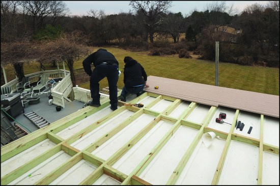 When installing decks over living space, the author adheres to a code-mandated minimum 1/4-inch-per-foot roof slope, which can be achieved by either sloping the roof framing or using a tapered insulation system. While uniformly deep 2-by “floating” sleepers laid across a sloped roof may be installed…