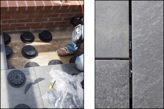 Some pedestal systems need to be shimmed to account for the slope of the roof. Here, manufacturer-supplied plastic shims (full-diameter-width and partial ones) are installed on top of the pedestals (left) and set with construction adhesive. Pedestals with base levelers or threaded top sections that can be tilted slightly in lieu of shimming are also available. Open joints allow for deck draining (right).