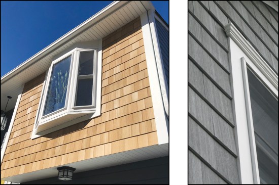 NuCedar shingles (left, right) are so authentic looking, they can fool even the most experienced eye. Note that shingles can be butted against the casing and downboards, eliminating the need for “pocket installation” (J-channel or otherwise).