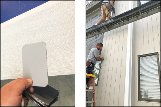 The problem comes in finding color-matched trims—not only coil stock but also utility blocks, attic louver vents, and such (left). NuCedar also offers vertical siding (right). When installing long vertical panels, you need one person up and one down, and they need to communicate constantly to keep the panels aligned.