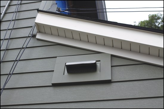 Because of the thermal movement, penetrations such as this vent outlet require a deep-set pocket, which requires a wide trim. From the start, Royal has offered color-matched, heavy-gauge aluminum trim coil for detailed finish work.