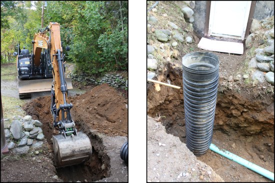 Excavation begins at the basement walkout (left). A length of 15-inch-diameter HDPE culvert installed vertically acts as a catch basin; 4-inch SDR-35 pipe inserted into the culvert’s base serves as an outlet (right).