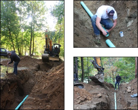 The 75-foot run to daylight is excavated in two sections: first the walkout end, then the daylight end (left). A crew member joins lengths of SDR-35 with PVC cement (top right). The daylight-side piping is complete and ready for backfilling (bottom right).