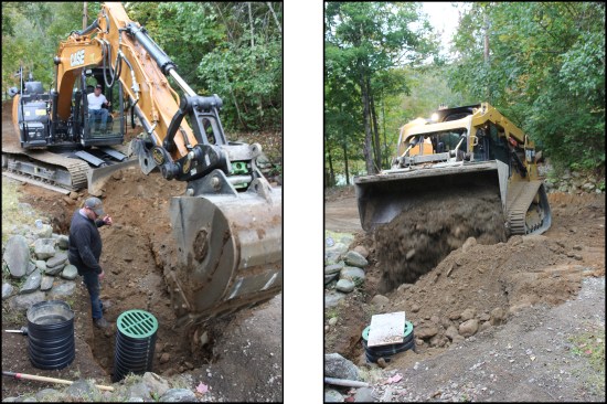 After the HDPE pipe is trimmed closer to grade, the basin’s heavy-duty HDPE grate is dryfit to prevent dirt and stone from entering the basin (left) during backfilling (right).