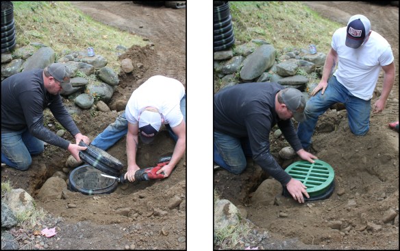 The pipe is cut to its finished height, a few inches below slab height (left), then the heavy-duty HDPE plastic grate is set (right).