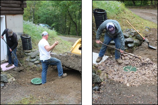 Clay soils are used to create a slope away from the house toward the basin (left). Ditch stone is applied around the finished basin (right).