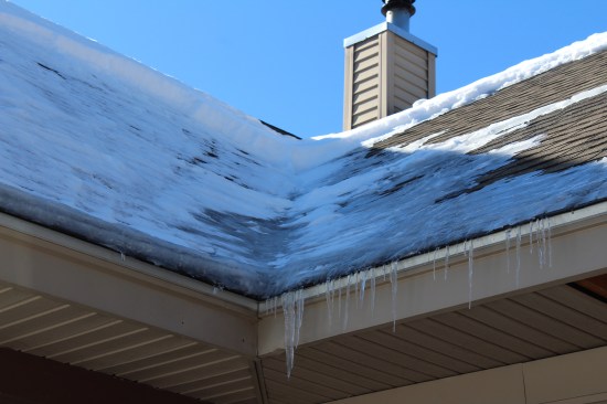 Ice damming was worst on the garage wing and in valleys abutting the main roof.