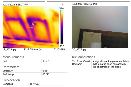 Here, IR imaging shows the wind washing of the fiberglass batts where Propavent baffles are butted end to end and are not air-sealed. The fiberglass insulation is also not in good contact with the sloped drywall ceiling.