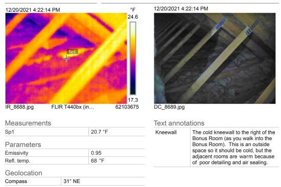 IR imaging shows the space behind the knee wall as warm. This space should be cold, but poor air-sealing allows heat drive out of the home’s interior mainly through unwanted ceiling leaks causing the ice damming issues along eaves and valley in the garage wing.