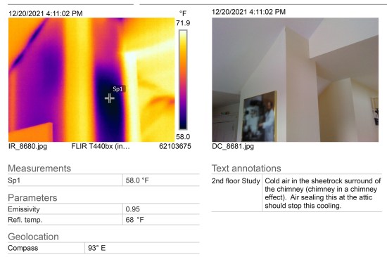 IR imaging of the chimney enclosure on the second floor (below the exposed flue pipe in the unconditioned space) shows a thermal bypass—‘a chimney within a chimney’ effect. 
