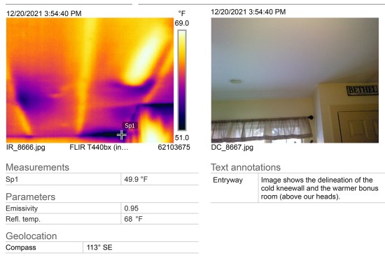 Looking up at the ceiling in the conditioned space of the garage wing, IR imaging on the left shows the demarcation line between the warm bonus room floor (in foreground) and the unconditioned space behind the knee wall (the cooled ceiling in background showing up as dark purple and blue). Air leaks at a can light, along top plates, and the vicinity of the interior condensation leak also shown.