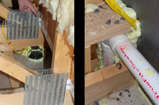 Wigluv tape used to air-seal the wall-to-floor juncture and an existing junction box was foamed in (left). Junction boxes often have multiple holes in them and can be tricky to air-seal. Plumbing vent stack and electrical rough-in air air-sealed (right). The 2-inch XPS insulation primary air barrier cut around dropped ceiling, air-sealed to drywall.