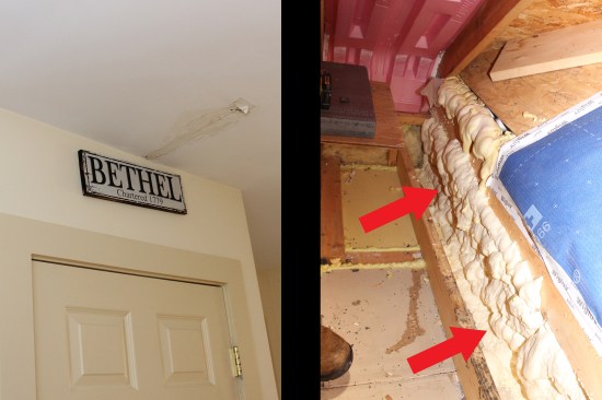 The interior leaking (left) caused by condensation forming on the exposed, “cold” end of the LVL beam supporting the covered entry fixed using a froth pack (right); the LVL was encased in foam (red arrows).