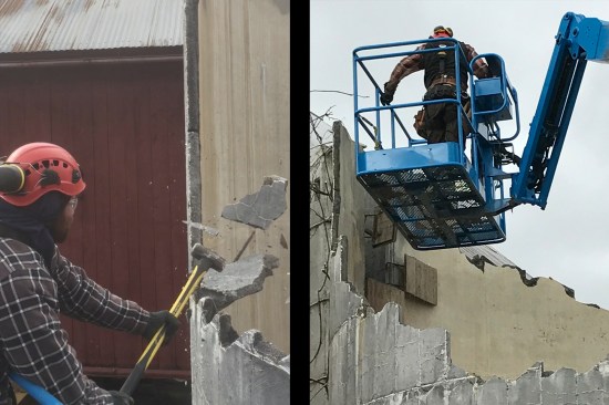 We then cut a few more tension rods and sledgehammered the block debris into the silo (left). Here (right), the silo’s interior concrete skim-coat in seen. Concrete stave silos were typically skim-coated with concrete to help keep the silo somewhat airtight (to reduce spoilage) and to protect the block from the acids that leached out from the stored silage. 