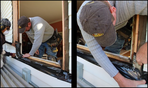 To make the critical sill-to-jamb transition, a second length of Zip System Stretch Tape was installed (photo, left), run 6 or so inches up the jamb (photo, right).