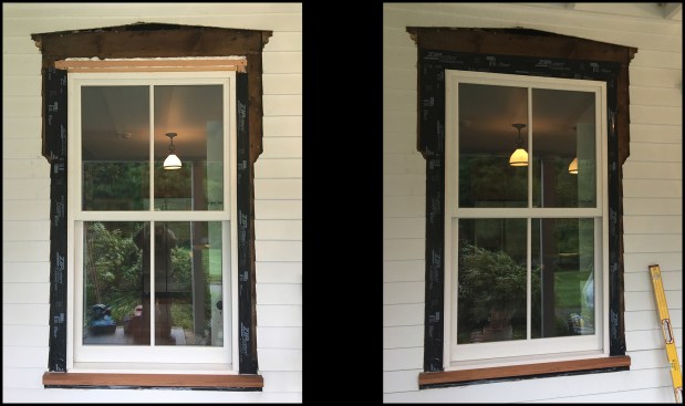After the foam cured and was trimmed back as needed, a length of Zip System flashing tape was run up the jambs (butted to the existing clapboards and lapped onto the unit’s frame; photo, left), then a length across the head (photo, right).