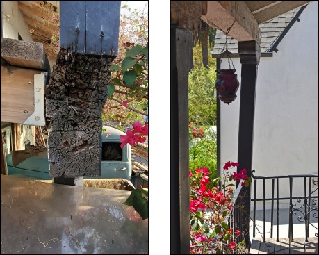 Installed in the 1970s, the existing glulam had rotated outward due to rot (left), causing a “hinge joint” to open up between the top of the posts and the decorative wood capitals (right).