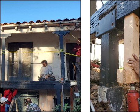 Crew members removed existing 6x6 hangers connecting the joists to the glulam (left). After unbolting the two post saddles at each end of the glulam, they used a 30-ton jack to separate the beam from its saddle-bracket connector (right).