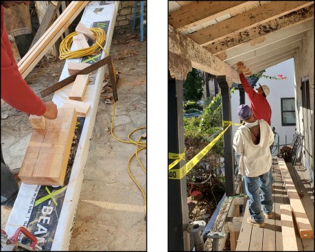Wedges ripped from some 4x10 beam offcuts were cut at an angle to match the roof slope (left). Sloped blocking was nailed into place to provide level bearing for a temporary shoring to support the clay tile roof (right).