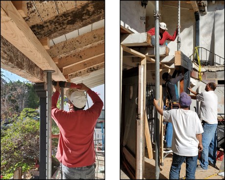 To remove the existing posts, workers cut the toenailed connection between the beam and the decorative capitals (left). The existing glulam was cut into sections prior to removal (right).