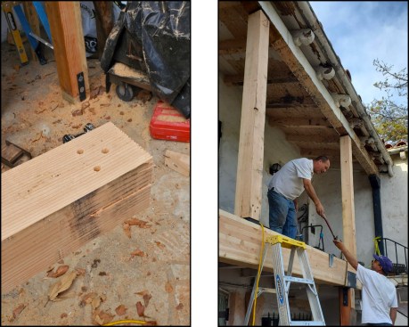 The new balcony-level 6x6 posts were slotted and bored to receive concealed post tie connectors (left). After the new 24-foot-long glulam was set in the beam saddles (right) and the posts installed, they were chamfered to match the original beams.