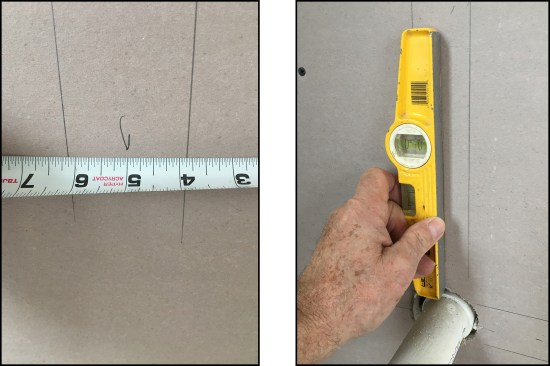 After marking the outer dimensions of the drainpipe on the wall with a torpedo level, the author finds the center (at the 5-inch mark) by lining up the same increment on either side of the 4- and 6-inch marks on a tape (left). Then he uses a torpedo level to draw the pipe’s vertical centerline (right).