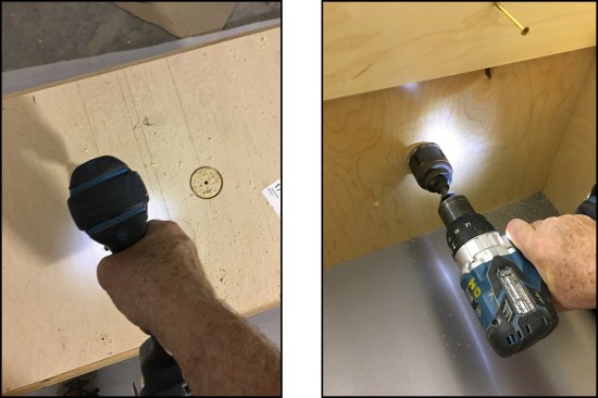 A hole saw, going partway through the back panel, is used to make the cut-outs (left). Working from the inside, the hole saw punches through the finish face (right).