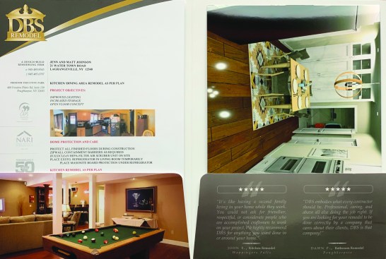 The final presentation includes the design drawings, job scope, and cost evaluation placed in a DBS Remodel presentation folder. The front page of the job scope lists the project objectives, home care/protection requirements, and “before” photos, which here contrast with printed outputs of rendered “finish” illustrations. VR (virtual reality) is also an option for the presentation, if requested.