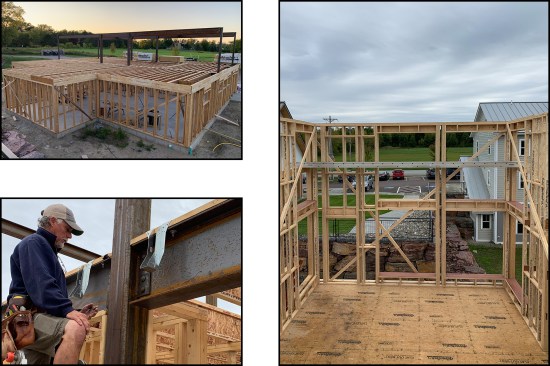 To support floor loads and a structural quadruple-ply ridge beam truss, a steel frame was needed (top left, bottom left). The structural ridge along with parallel-cord scissor roof trusses allowed a spacious quality for the two-story lobby. The exterior walls were framed as a 12-inch-wide double stud wall assembly, shown here in the entry bump-out (right). The author credits taking a Zero Net Energy Buildings course by Marc Rosenbaum through NESEA five years ago with inspiring him to build high-efficiency homes and light commercial structures.
