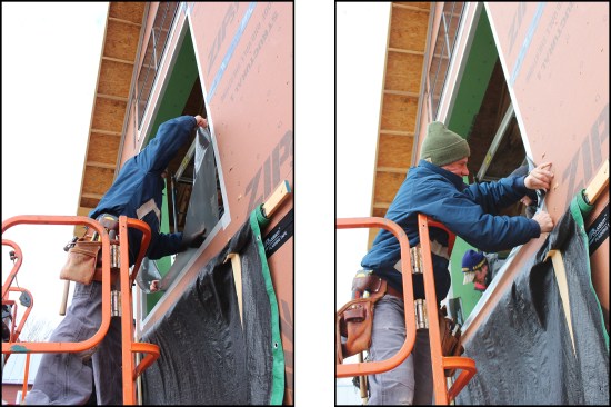 The Zip System Stretch Tape is installed on the sill (above left, right).