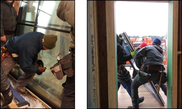 Four crew members manhandle the 500-pound window onto the lift, transferring the unit from a carpeted mover’s dolly using 8-inch-diameter hand-held vacuum cups to grip the unwieldy window (above left, right).