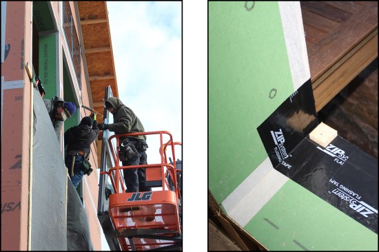 The JLG rental lift is equipped with a “skyglazer” tray to support the base of the window. The unit is attached to the personnel cage with rachet straps, with pieces of XPS insulation used as padding. Prior to installation of the window, a continuous bead of Geocel Pro-Flex tripolymer sealant is applied around the opening where the window nailing flange will be set (above left). The windows are set on 1/2-inch bearing blocks, one at each side of the R.O. (above right).