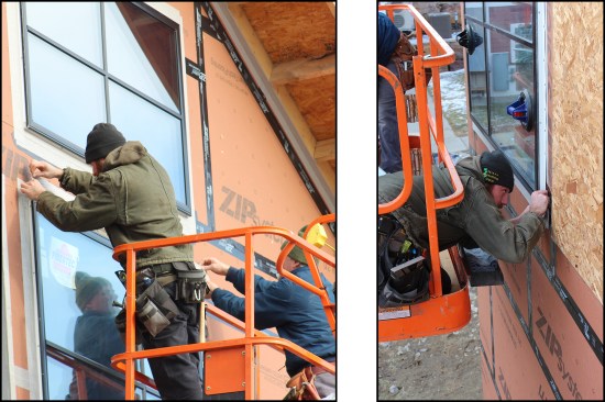 The head flashing strip is then applied, lapping onto the jamb flashing (above left). On a lower window, a small piece of flashing tape is added to seal the intersection of the three planes (above right).