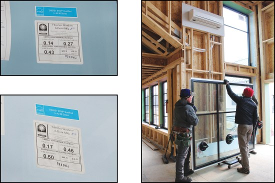 East-, west- and north-facing windows had an SHGC of 0.27 (top left), while south-facing windows had a higher SHGC of 0.46 (bottom left). Crew members move a 7-foot-high-by-6-foot wide, 500-pound fixed window to the lift staging area on a footbridge that connects the entry to the parking area; they pass under a wall-mounted mini-split unit (or head) in the entry’s reception area (above right).