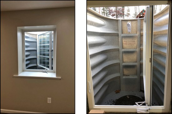 Habitable basement space larger than 200 square feet needs to have a second means of egress with a minimum open area of 5.7 square feet, a minimum net height of 24 inches, a minimum net width of 20 inches, and a sill that is no more than 44 inches off the floor (left). Window wells deeper than 44 inches require a ladder or steps (right).