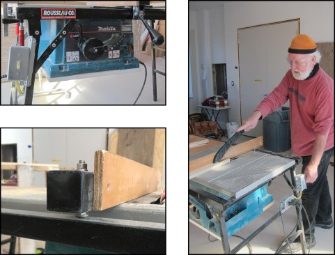 The right-handed author modified his saw, adding a left-hand cutoff switch to his saw as an ergonomic preference. The electronic blade brake, however, is integral to the factory switch (top left). A carriage bolt head added to the outbound end of the fence allows it to glide on the rail friction-free (bottom left). Commonly provided as standard safety equipment, a push stick is also easily custom-made and is an indispensable accessory to table saw use (right).