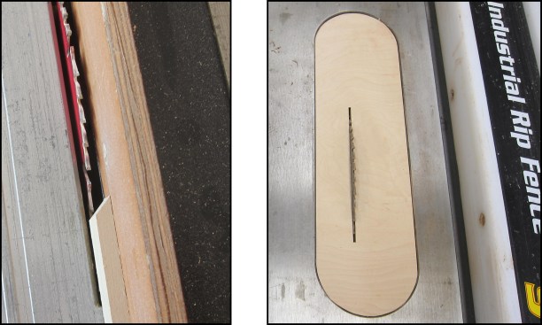 The wide gap in the throat plate allows the blade to tilt but leaves short, narrow workpieces without essential support (left). A zero-clearance throat plate is a common proprietary accessory—and is also easy to make—to provide solid support for narrow cuts (right).