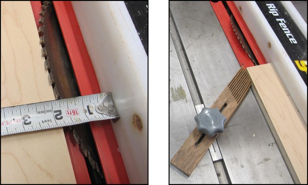 For bevel cuts, determine the entry point by moving the workpiece against the blade and measuring against a sawtooth flush with its surface (left). Bevel rips are best controlled by a feather board, as the angled cut tends to pull the material away from the blade, affecting accuracy (right).