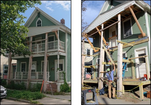 The author shored up the porch roof (left), then hired a demo company to remove the existing two-story porch. Project designer Sean Laughlin hands 2-by stock up to author Nate Plasha as they begin framing the upper level of the double-decker porch (right).