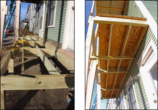 The new porch was conventionally framed with pressure-treated lumber, with the joists parallel to the front of the house. Lower “street” level (left) and upper level (right).