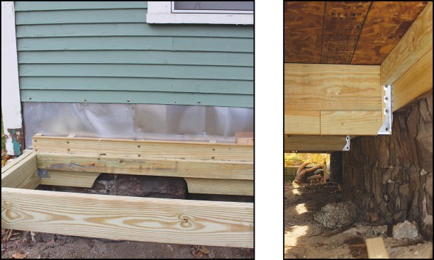 The oversized ledger was blocked out away from the wall (left) to clear the house’s irregular stone foundation (right).