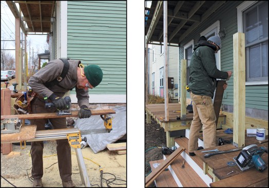 The Angelique hardwood decking cut similar to ipe (left) and was left unfinished to reduce maintenance costs. The ends were treated with a wax sealer (right).