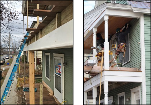 Per local code, the pressure-treated framing was covered with painted wood trim to help maintain the original look of the house; blocking between the framing and wood trim allows moisture to escape from the assembly (left). The author primed and painted the turned posts prior to installation (right).