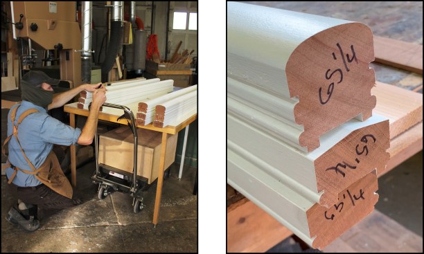 The author shaped and painted the railing parts in his shop (left). Here, a rail section’s upper, middle and bottom rails are marked and kept together as a group (right). The upper and middle rails are dadoed to receive the 1 1/2‑inch square balusters, while the bottom and middle rails are beveled with an inverted “V” to shed water and to help lock the bottom of the balusters in place.